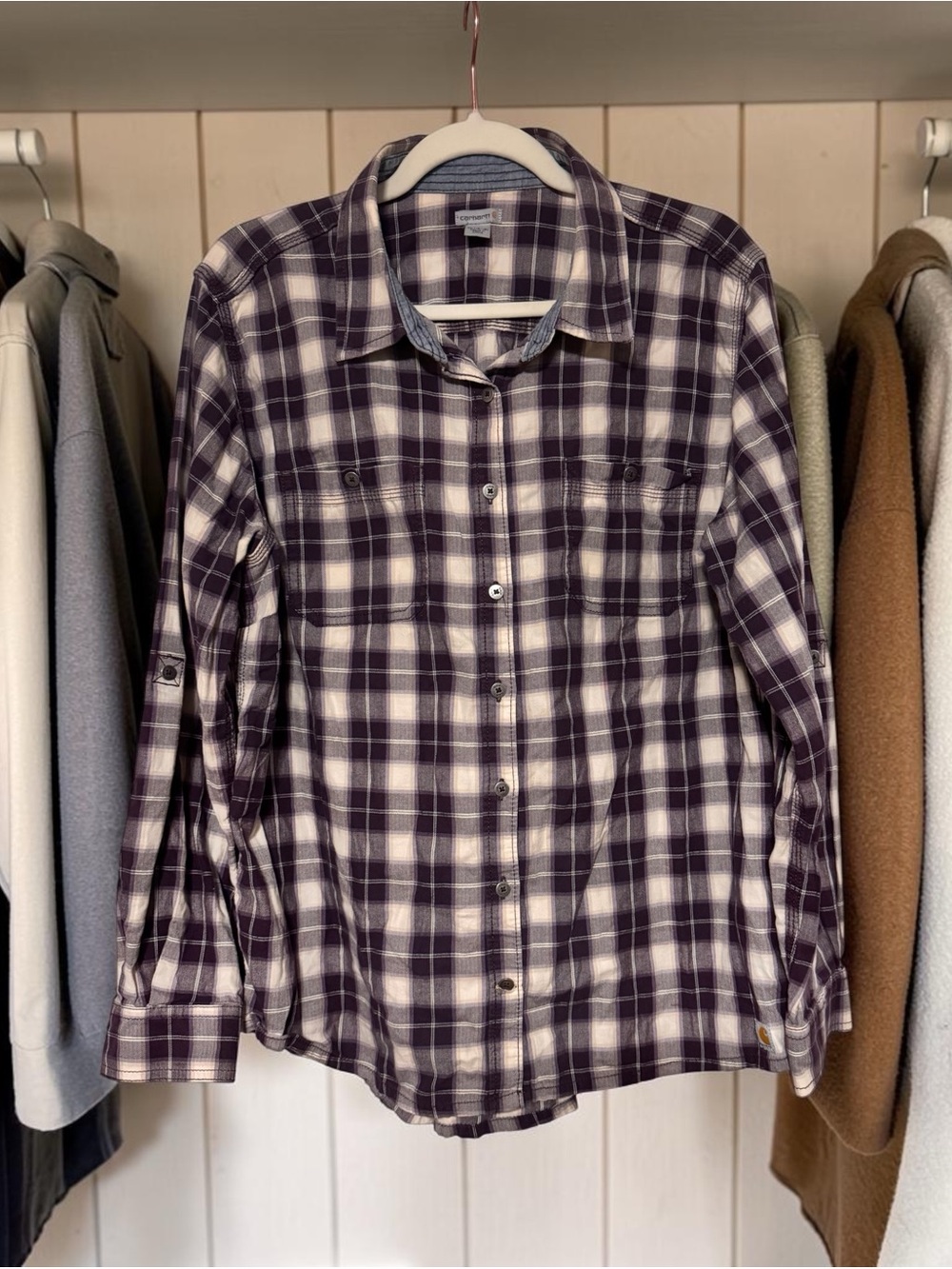 Carhartt Dodson Purple plaid shirt with optional roll tab sleeve